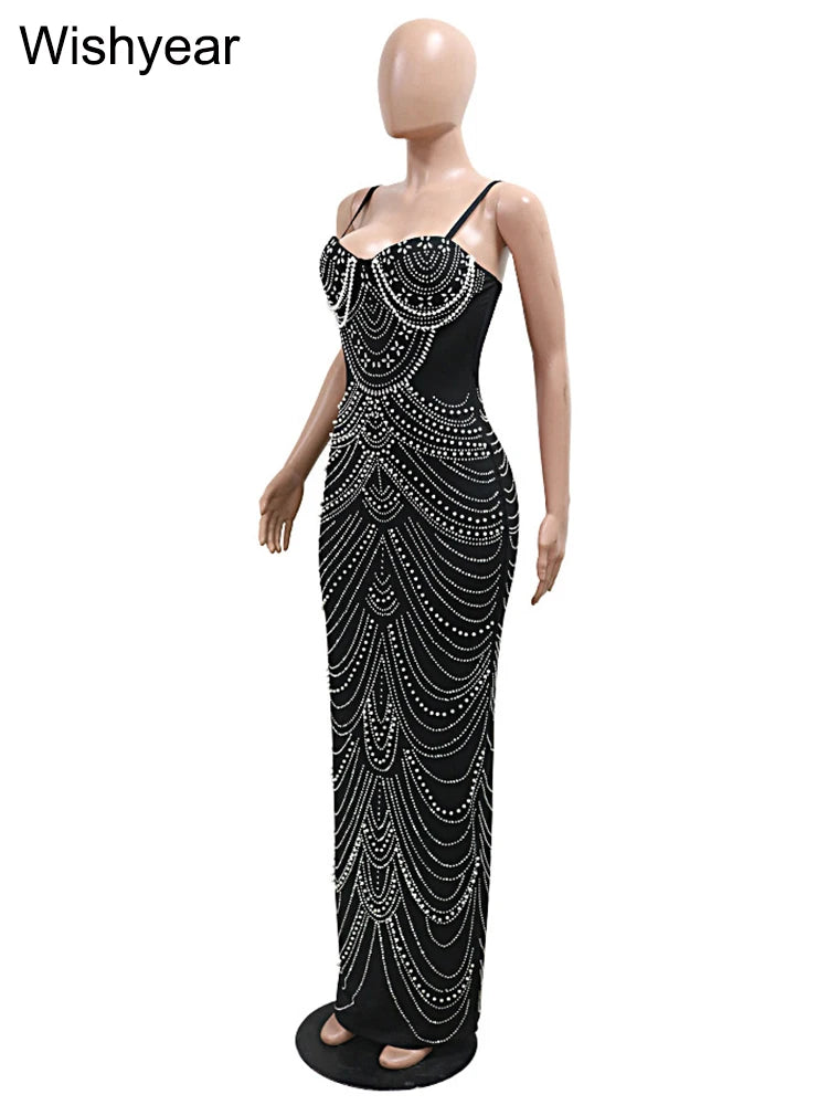 M&T Wear - New Luxury Sparkly Crystal Rhinestone Pearl Celebrities Gown Brown Dress Woman Strap Evening Party Birthday Prom Wedding Vestido