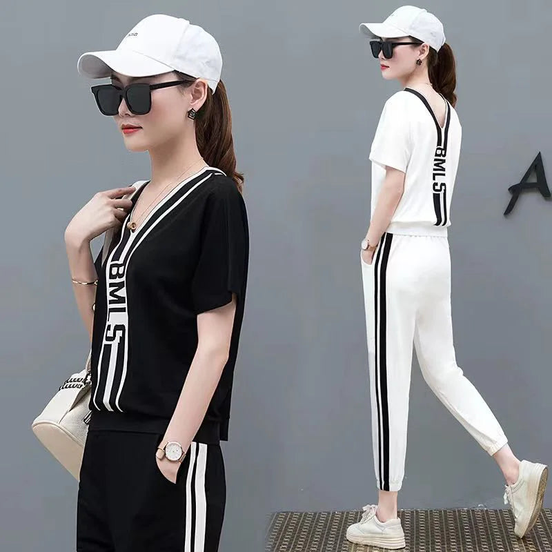 M&T Wear - Tracksuits Women 2 Pieces Sets Casual Short Sleeve V-Neck Pullover Tops Trousers Sportswear Suit 2025 New Elegant Female Clothes