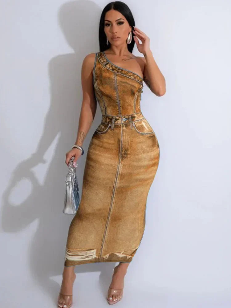 M&T Wear- Fake Denim 3D Print One Shoulder Bodycon Maxi Dress Women 2025 Party Night Sleeveless Clubwear Birthday Long Dresses Vestido