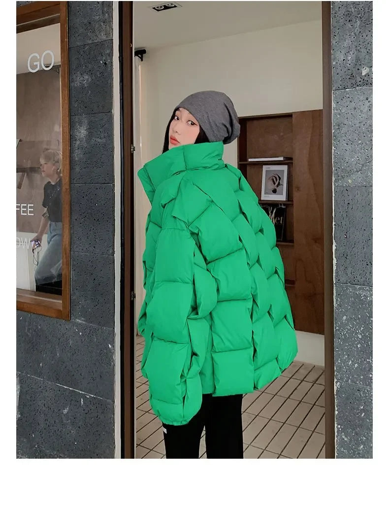 M&T Wear - Winter Jacket for Women Three-dimensional Plaid Woven Fashion Coat Solid High Street Warm and Thick 2023 Winter New Down Jacket