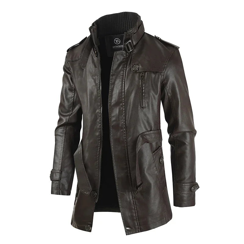 M&T Wear - Biker Jaqueta Winter Men's Thick Fleece Long Leather Jacket Coat mens Outwear Fashion Leather Warm Casual Vintage Jackets