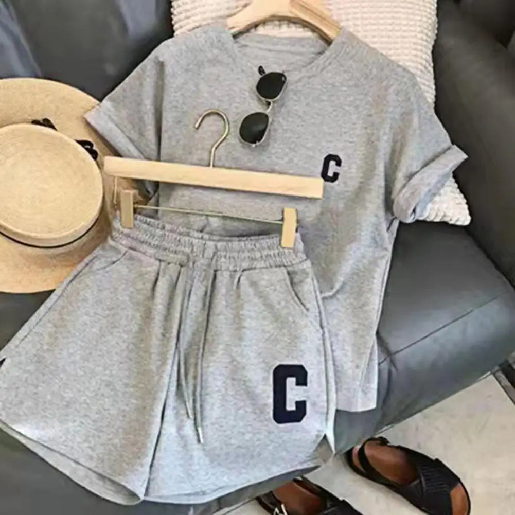 M&T Wear - Women Tracksuit C Letter Print Short Sleeve T-shirt Drawstring Shorts Sport Suit Lady Exercise T-shirt Shorts Two-piece Suit