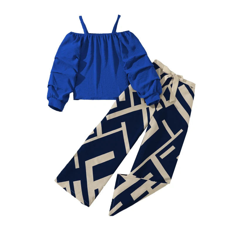 M&T Wear - Kids Clothing Sets For Girls Khaki Off-shoulder Long sleeve Top & Stripe Printing Pants Summer Resort Style Children Suits OOTD