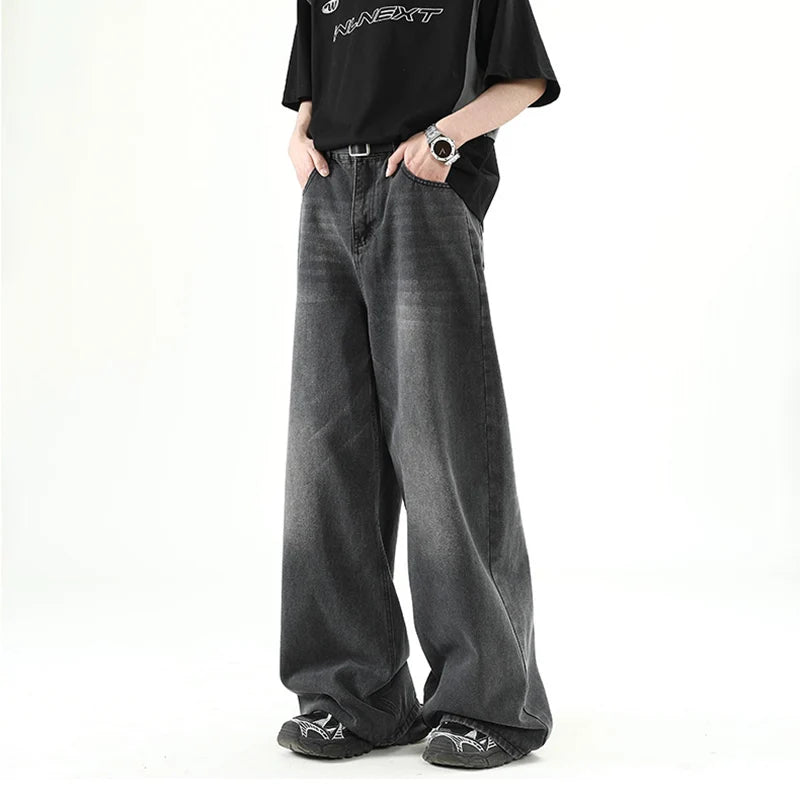 M&T Wear - Men Denim Pants Old Blue Washed Male Jeans Straight Casual Menswear Loose Wide Leg Trousers New Fashion Korean High Street Denim