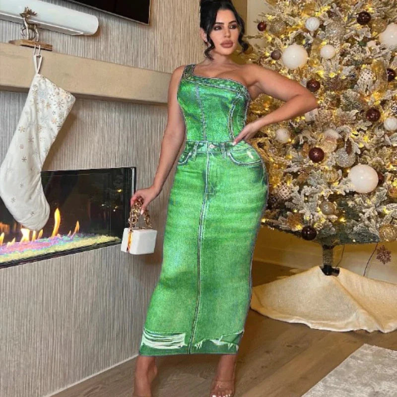 M&T Wear- Fake Denim 3D Print One Shoulder Bodycon Maxi Dress Women 2025 Party Night Sleeveless Clubwear Birthday Long Dresses Vestido