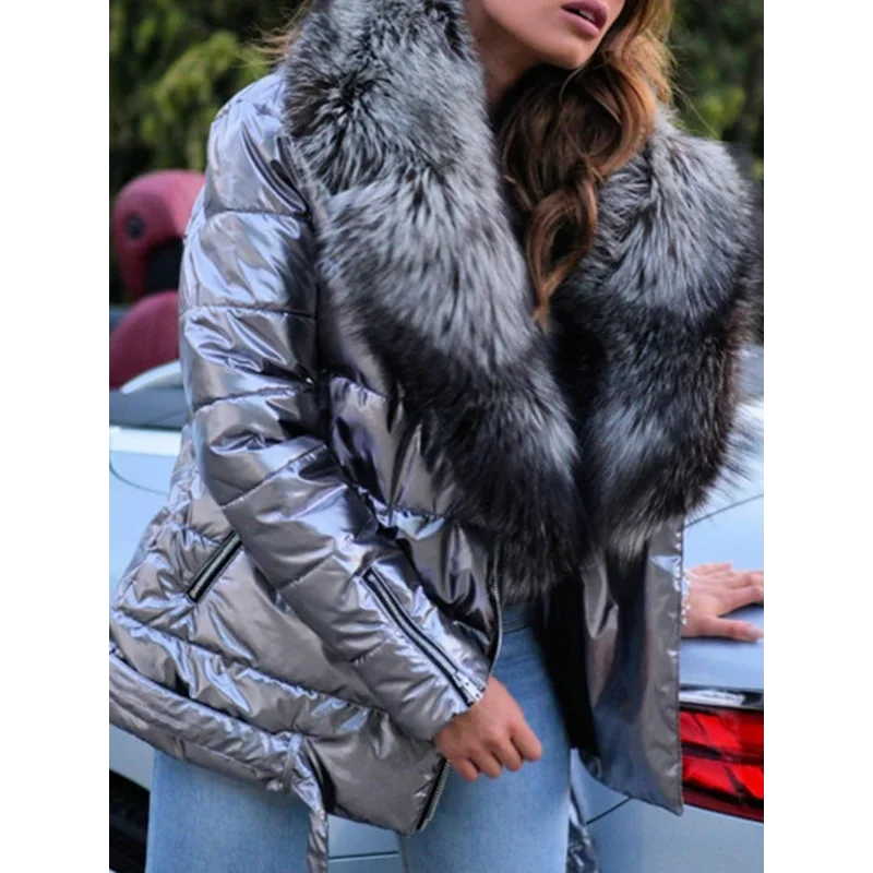 M&T Wear - Winter Coat Women Bright Surface Large Collar Short Down Cotton Jacket Punk Style Slim