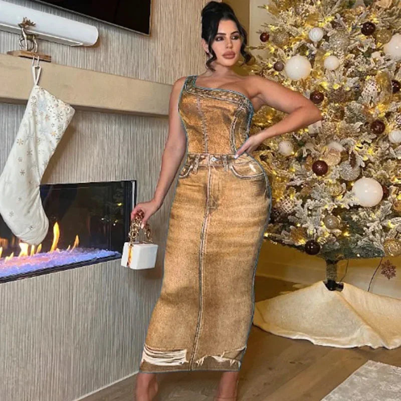 M&T Wear- Fake Denim 3D Print One Shoulder Bodycon Maxi Dress Women 2025 Party Night Sleeveless Clubwear Birthday Long Dresses Vestido