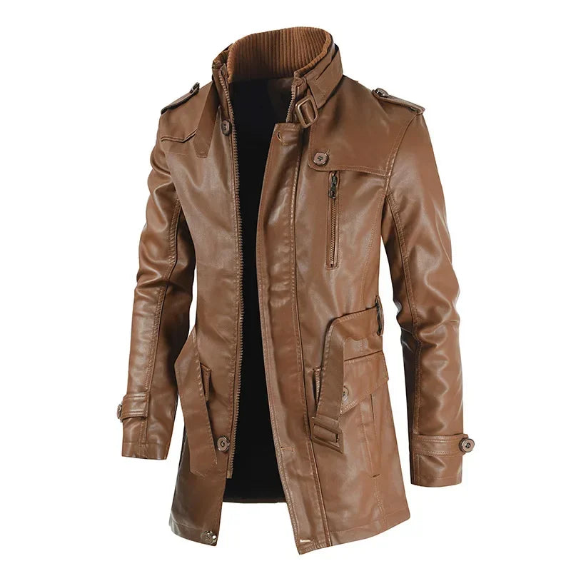M&T Wear - Biker Jaqueta Winter Men's Thick Fleece Long Leather Jacket Coat mens Outwear Fashion Leather Warm Casual Vintage Jackets