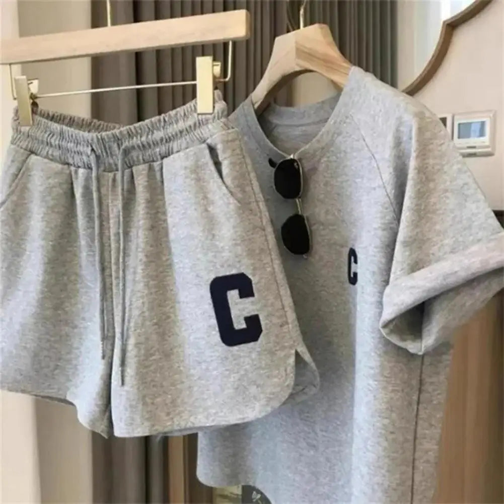M&T Wear - Women Tracksuit C Letter Print Short Sleeve T-shirt Drawstring Shorts Sport Suit Lady Exercise T-shirt Shorts Two-piece Suit