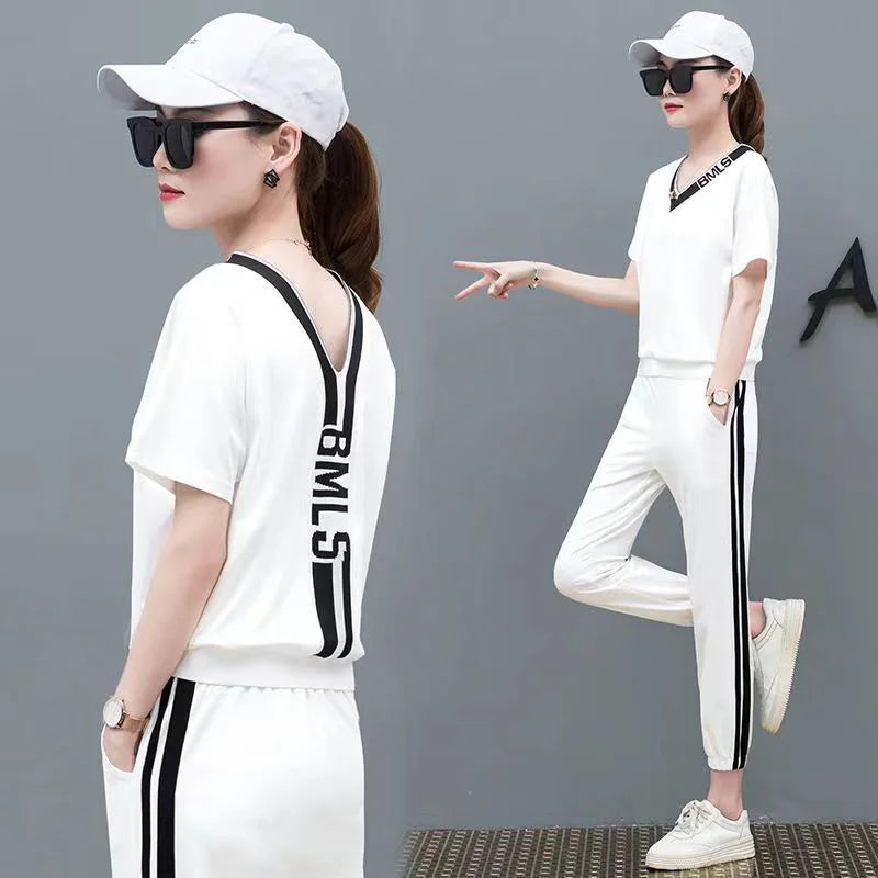 M&T Wear - Tracksuits Women 2 Pieces Sets Casual Short Sleeve V-Neck Pullover Tops Trousers Sportswear Suit 2025 New Elegant Female Clothes