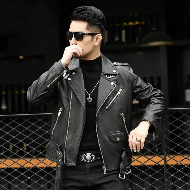 M&T Wear - Men Outdoor Sport Leather Jacket Motorcycle Cool Coat Jacket Men Lapel Leather Jackets Mens Fashion Clothing Real Leather Coat