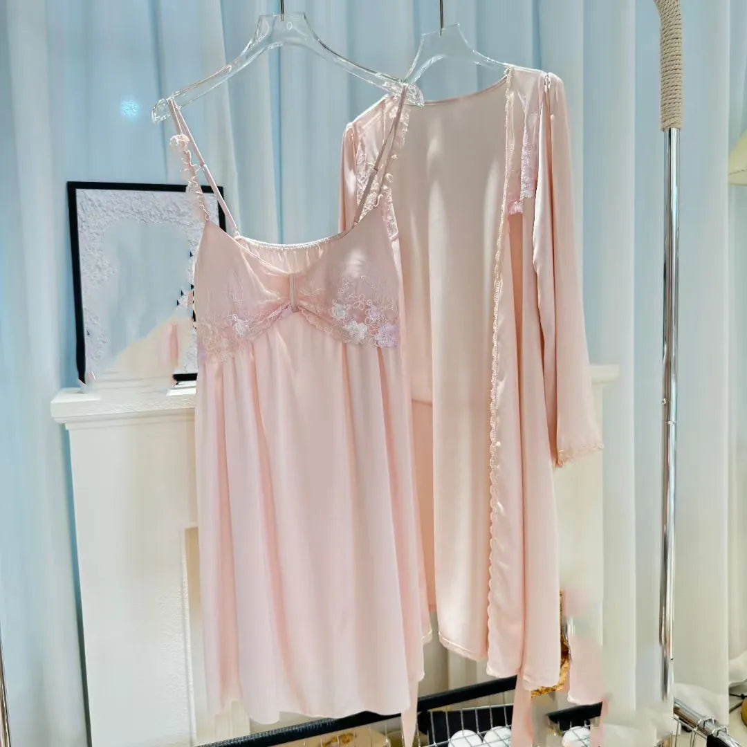 M&T Wear - Female Nighty & Robe Set Sexy Embroidery Lace Nightgown Home Dress Summer Sleepwear Silky Thin Rayon Loungewear q