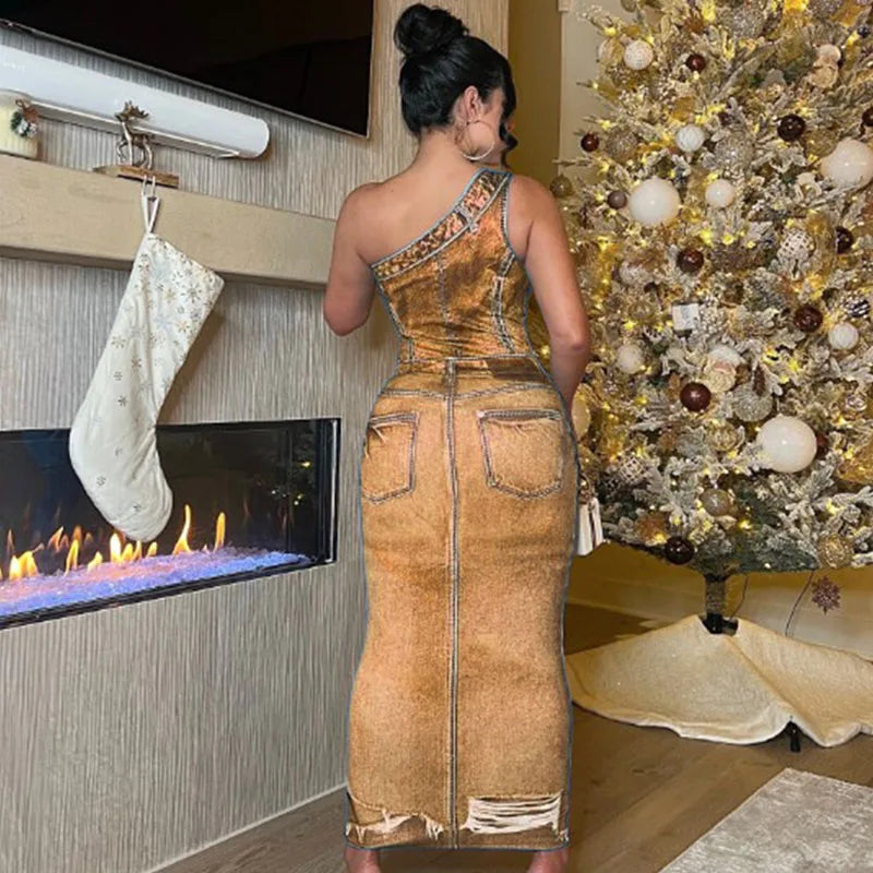 M&T Wear- Fake Denim 3D Print One Shoulder Bodycon Maxi Dress Women 2025 Party Night Sleeveless Clubwear Birthday Long Dresses Vestido