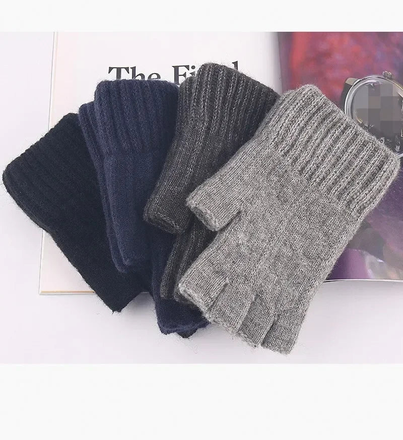 M&T Wear - Winter Gloves For Men Half Finger Writing Office Cycling Knitted Gloves Students Alpaca Wool Warm Thick Elastic Driving Gloves