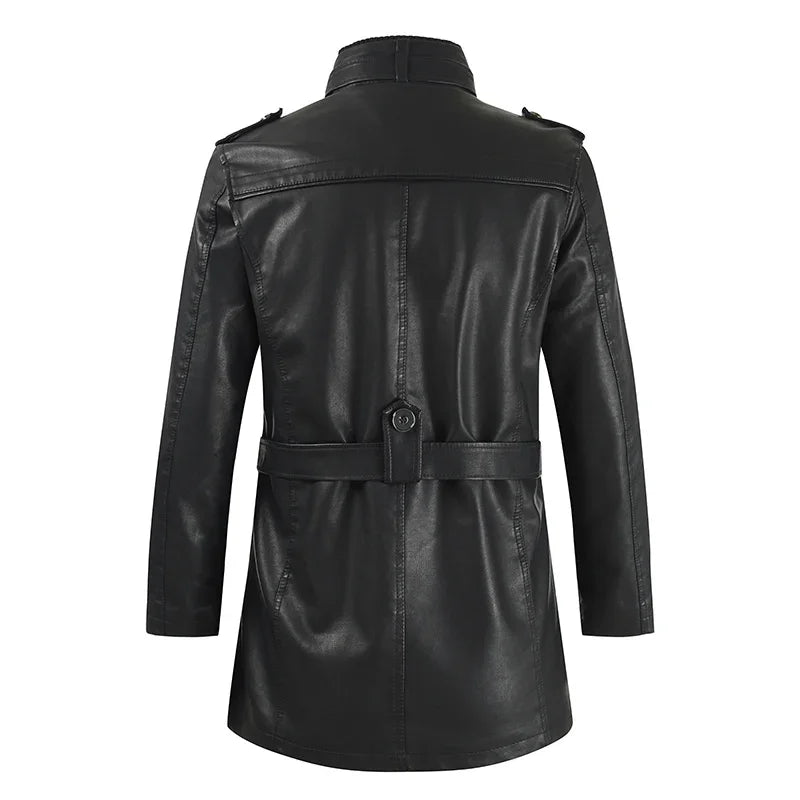 M&T Wear - Biker Jaqueta Winter Men's Thick Fleece Long Leather Jacket Coat mens Outwear Fashion Leather Warm Casual Vintage Jackets