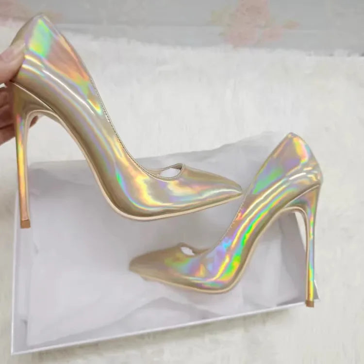 M&T Wear - New Party Banquet High Heels For Women Temperament Single Shoes 10CM 12CM Fashion Pointed Laser Holographic Summer Pumps