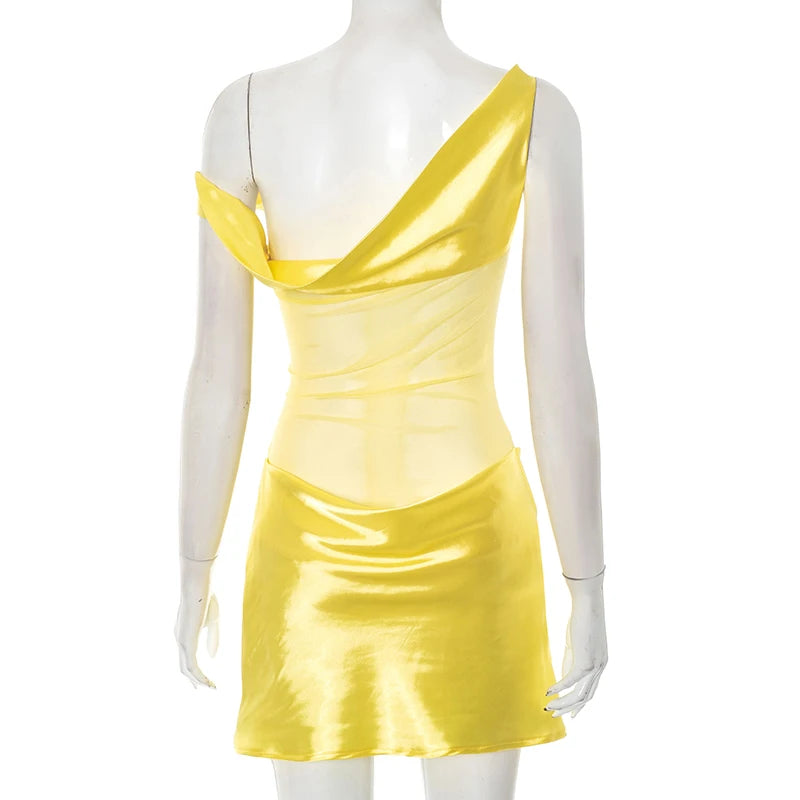 M&T Wear- Women's Summer New Arrival Faux Silk Patchwork Mesh Off-The-Shoulder Sleeveless Bodycon Dress Fashionable Elegant Dress