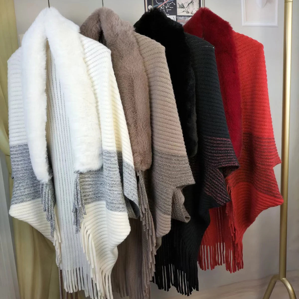 M&T Wear - Winter Hot Selling Women's Fur Collar Shawl Premium Quality Heavy Thick Knitting Shawl Luxury Designers Scarf Tassels Stoles