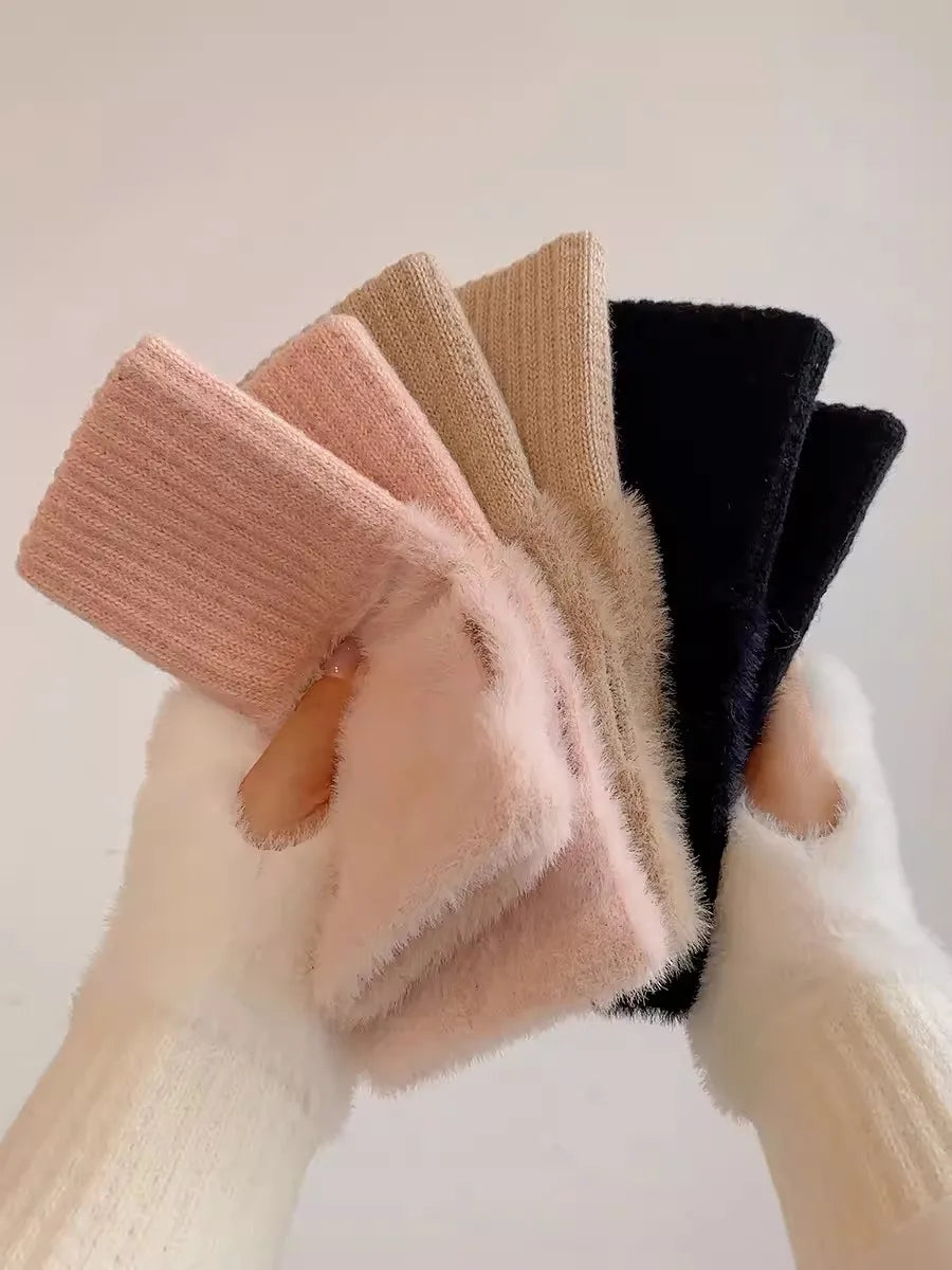 M&T Wear - Soft Winter Half Finger Gloves Women Warm Luxury Solid White Plush Knitted Fingerless Gloves Wrist Mittens Writting