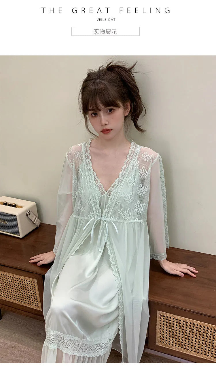 M&T Wear - Female Nighty & Robe Set Perspective Temptation Nightgown Intimate Lingerie Spring Summer Silk Satin Sleepwear Loose Home Dress