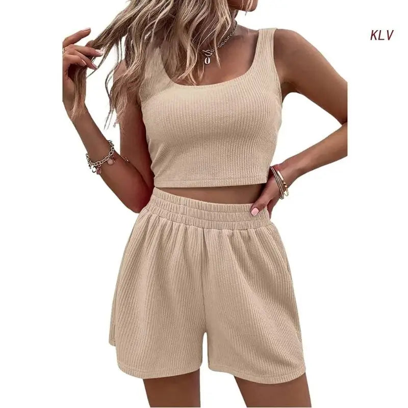 M&T Wear - Women Tracksuit Set 2 Piece Two Piece Outfits For Women Sexy Shorts Set Ribbed Top And Shorts Set Lounge Set