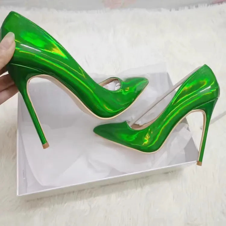 M&T Wear - New Party Banquet High Heels For Women Temperament Single Shoes 10CM 12CM Fashion Pointed Laser Holographic Summer Pumps