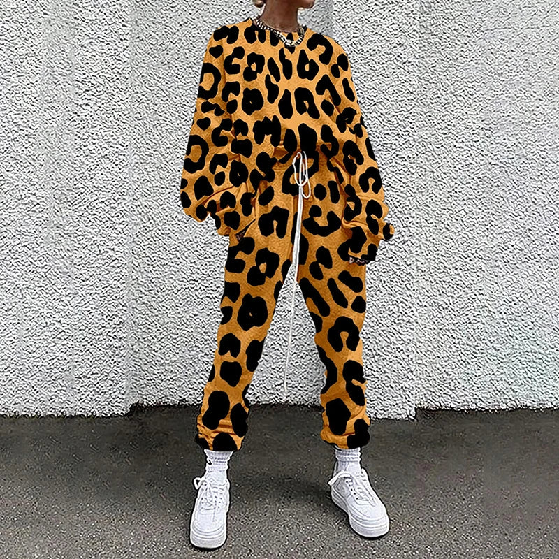 M&T Wear - Women Tracksuit Hipster Street Style Colorful Leopard Printed Casual Full Sleeve O Neck Sweatshirt + Drawstring Pants Two-pieces