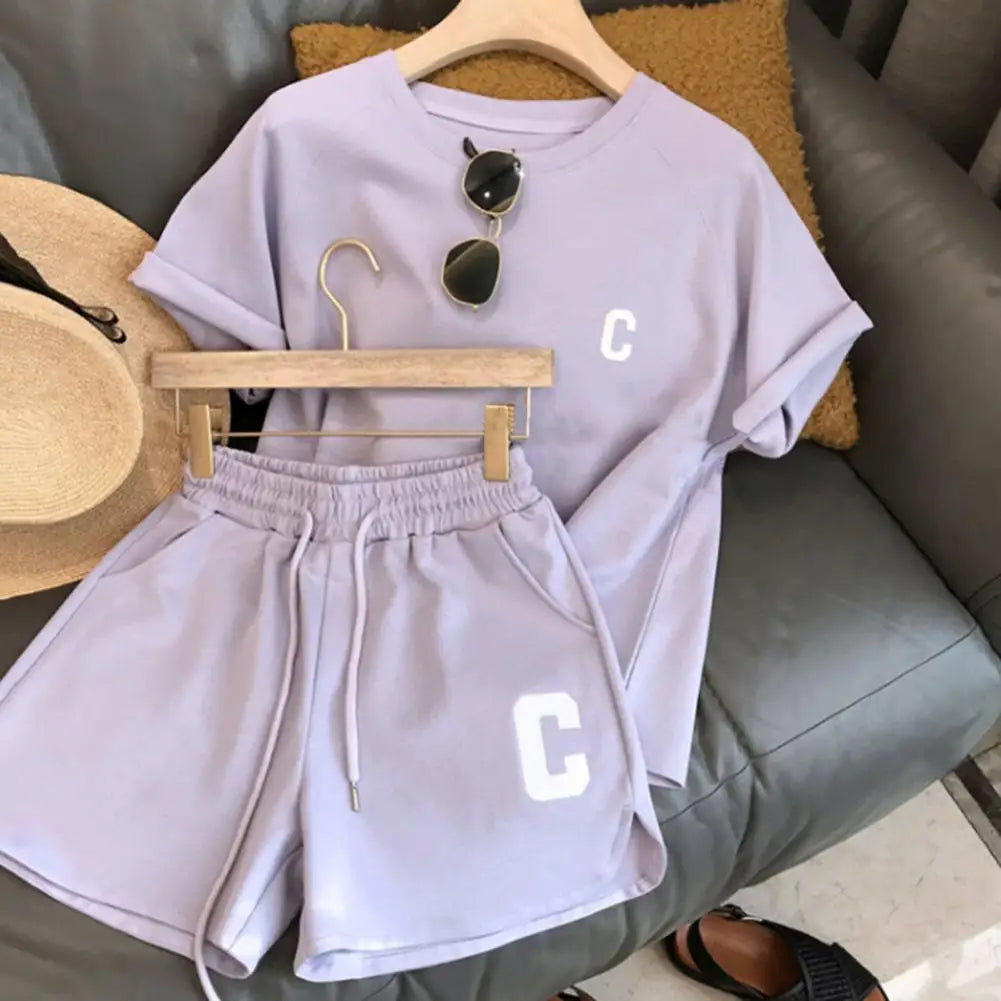 M&T Wear - Women Tracksuit C Letter Print Short Sleeve T-shirt Drawstring Shorts Sport Suit Lady Exercise T-shirt Shorts Two-piece Suit