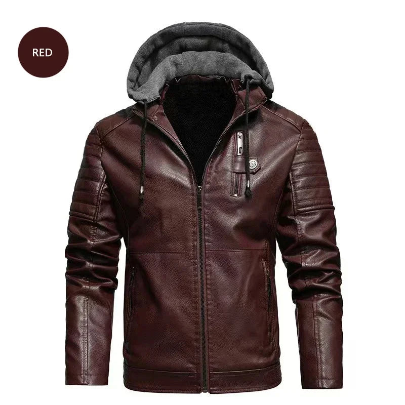 M&T Wear - Faux Leather Jacket Men Fashion Men's Hooded Jackets Autumn Winter Military Style Outwear Zipper Pockets Coat Detachable Hat