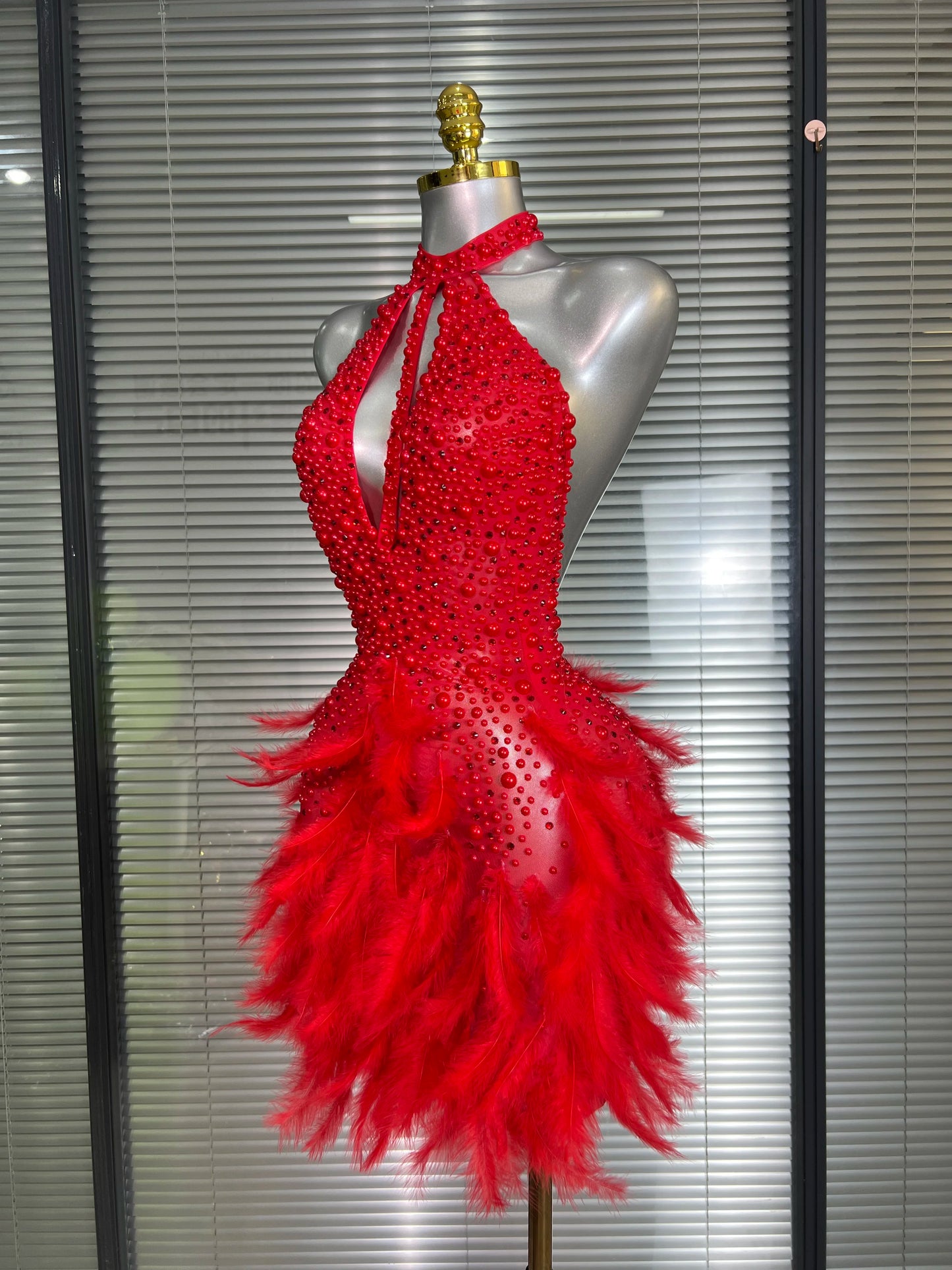M&T Wear - Women Sexy White Backless Mesh Crystal Diamonds Feathers Performance Costume Stage Dancer Mini Stretchy Night Club Party Dress