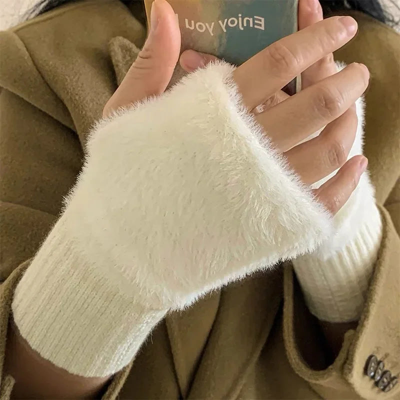 M&T Wear - Soft Winter Half Finger Gloves Women Warm Luxury Solid White Plush Knitted Fingerless Gloves Wrist Mittens Writting
