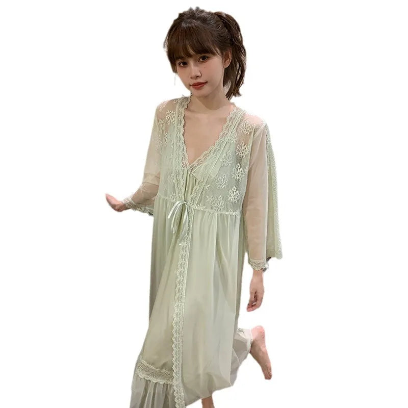 M&T Wear - Female Nighty & Robe Set Perspective Temptation Nightgown Intimate Lingerie Spring Summer Silk Satin Sleepwear Loose Home Dress