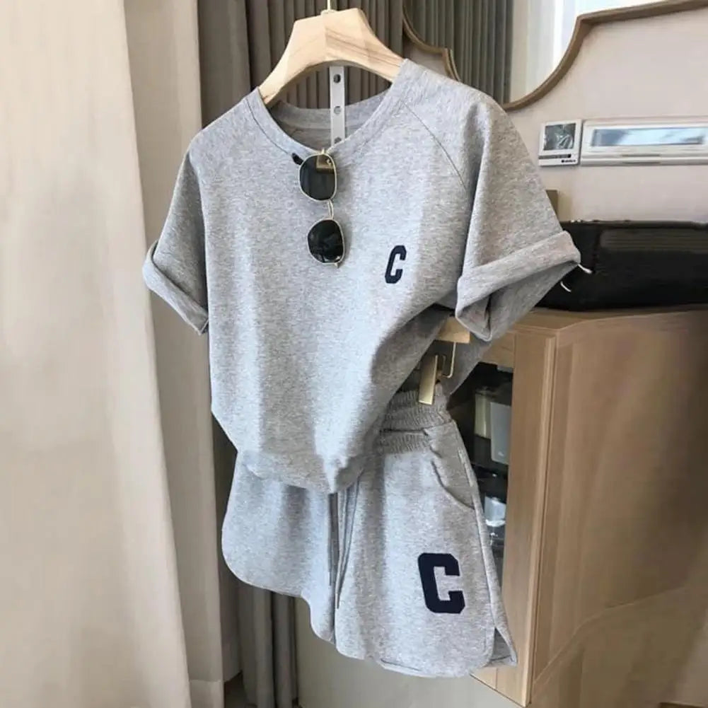 M&T Wear - Women Tracksuit C Letter Print Short Sleeve T-shirt Drawstring Shorts Sport Suit Lady Exercise T-shirt Shorts Two-piece Suit
