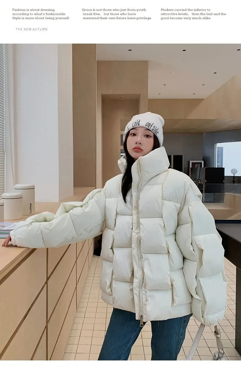 M&T Wear - Winter Jacket for Women Three-dimensional Plaid Woven Fashion Coat Solid High Street Warm and Thick 2023 Winter New Down Jacket