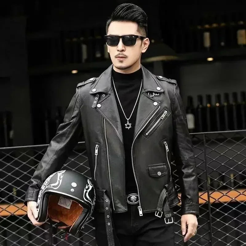 M&T Wear - Men Outdoor Sport Leather Jacket Motorcycle Cool Coat Jacket Men Lapel Leather Jackets Mens Fashion Clothing Real Leather Coat