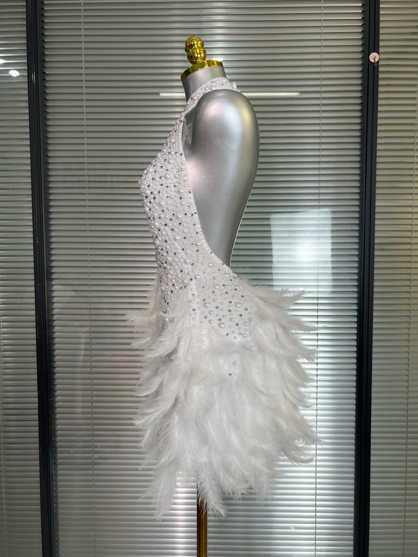 M&T Wear - Women Sexy White Backless Mesh Crystal Diamonds Feathers Performance Costume Stage Dancer Mini Stretchy Night Club Party Dress