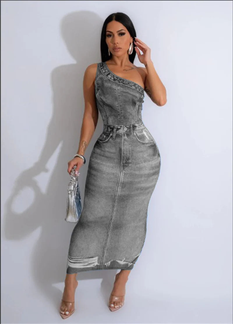 M&T Wear- Fake Denim 3D Print One Shoulder Bodycon Maxi Dress Women 2025 Party Night Sleeveless Clubwear Birthday Long Dresses Vestido