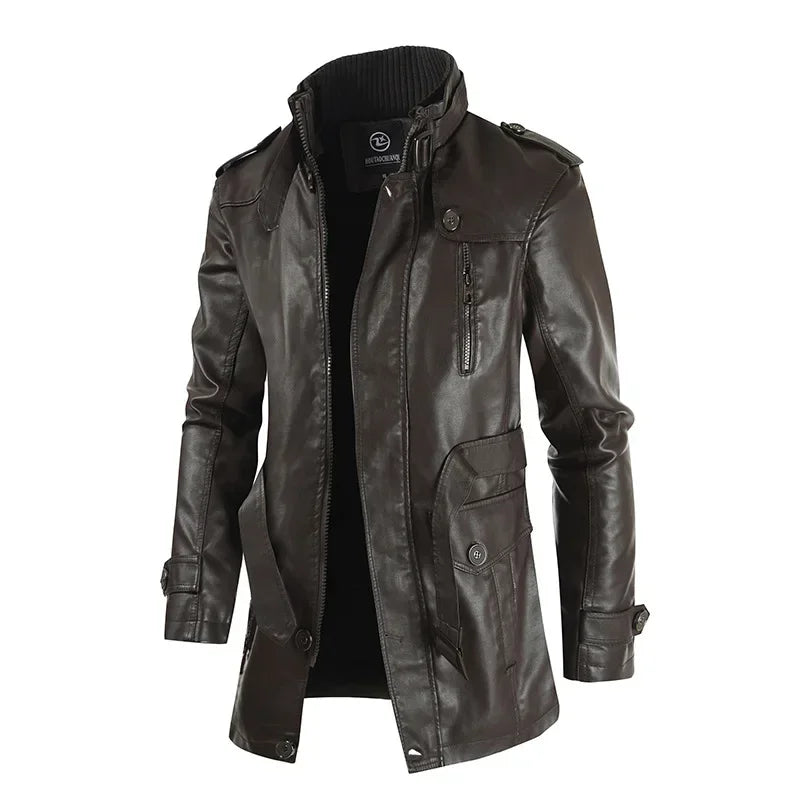 M&T Wear - Biker Jaqueta Winter Men's Thick Fleece Long Leather Jacket Coat mens Outwear Fashion Leather Warm Casual Vintage Jackets