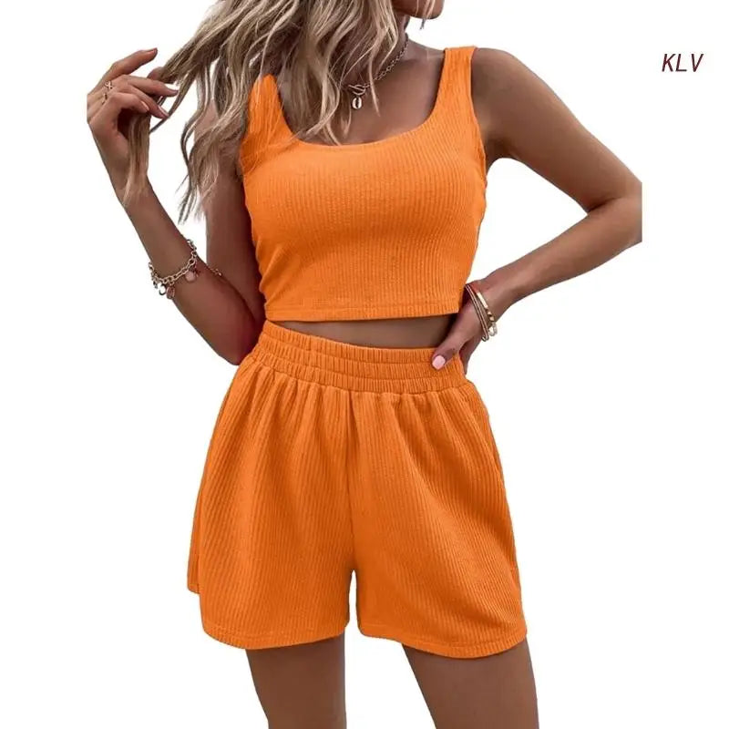 M&T Wear - Women Tracksuit Set 2 Piece Two Piece Outfits For Women Sexy Shorts Set Ribbed Top And Shorts Set Lounge Set
