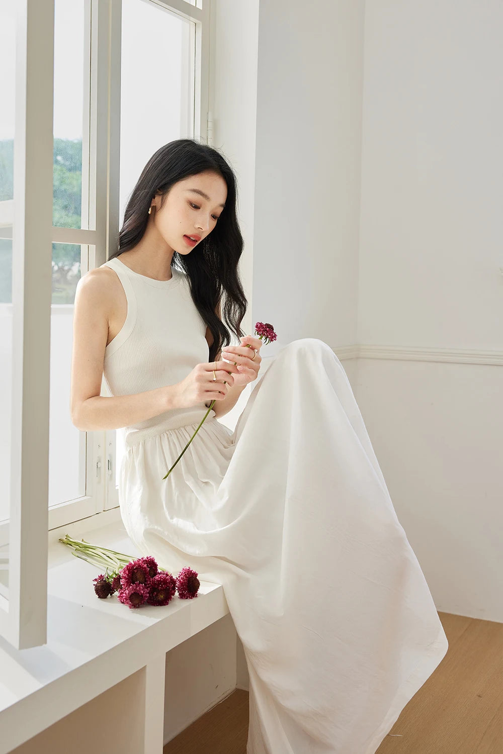 M&T Wear - VIMLY Women White Knit Vest Long Dresses Summer New Simple Elegant Sleeveless Waisted Temperament Party Evening A-Line Dress