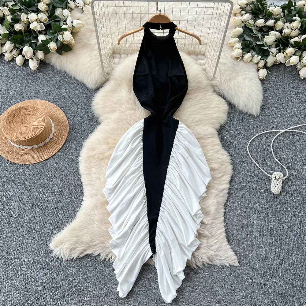 M&T Wear - American Sexy Halter Dress Female Sleeveless Backless Trendy Patchwork Irregular Long Dress