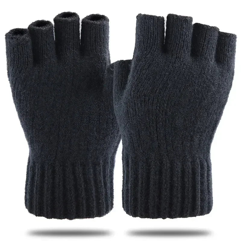 M&T Wear - Winter Gloves For Men Half Finger Writing Office Cycling Knitted Gloves Students Alpaca Wool Warm Thick Elastic Driving Gloves