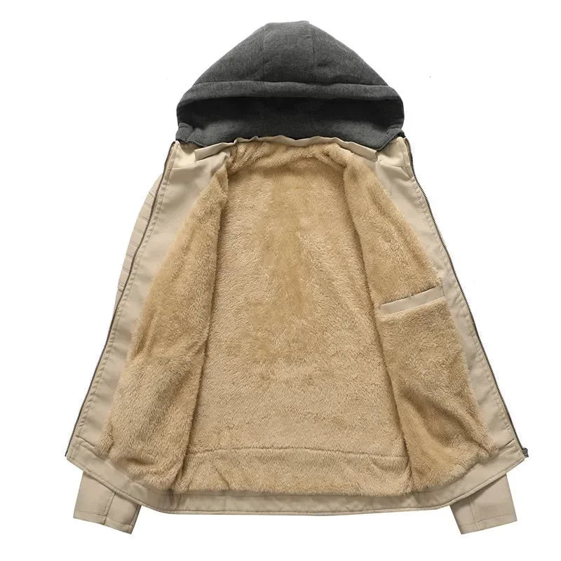 M&T Wear - Faux Leather Jacket Men Fashion Men's Hooded Jackets Autumn Winter Military Style Outwear Zipper Pockets Coat Detachable Hat