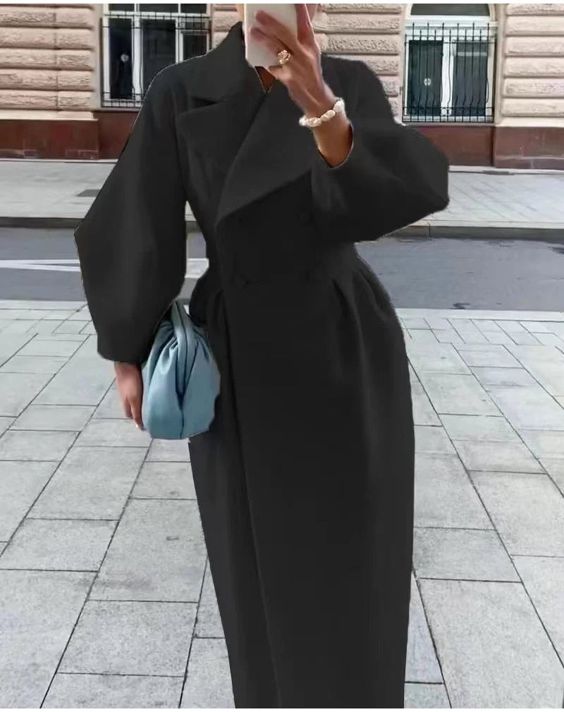 M&T Wear - Winter Coat For Women Fashion Solid Loose Lapel Double Breasted Trench Vintage Long Sleeve Jackets Warm Thick Woman New In Coats