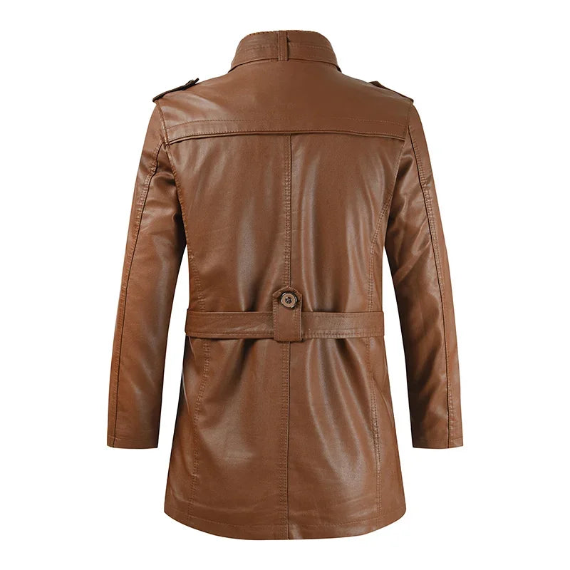 M&T Wear - Biker Jaqueta Winter Men's Thick Fleece Long Leather Jacket Coat mens Outwear Fashion Leather Warm Casual Vintage Jackets