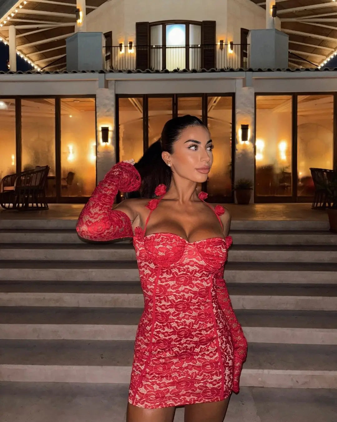 M&T Wear - Fancy Lace Summer Dresses 2025 Flare Sleeve Short Elegant Party Dresses Red Halter FloralLove Luxury Prom Dress