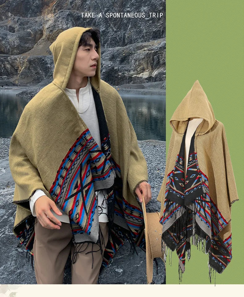 M&T Wear - Winter New Bohemian Shawl Men Ponchos Cashmere Blend Cape Coat Fringe Poncho Vintage Tassel Scarf Hooded Wraps Outwear