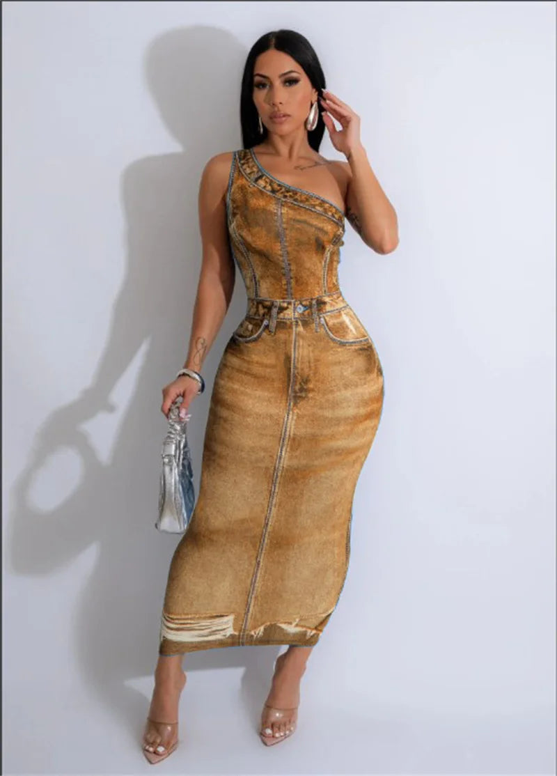 M&T Wear- Fake Denim 3D Print One Shoulder Bodycon Maxi Dress Women 2025 Party Night Sleeveless Clubwear Birthday Long Dresses Vestido