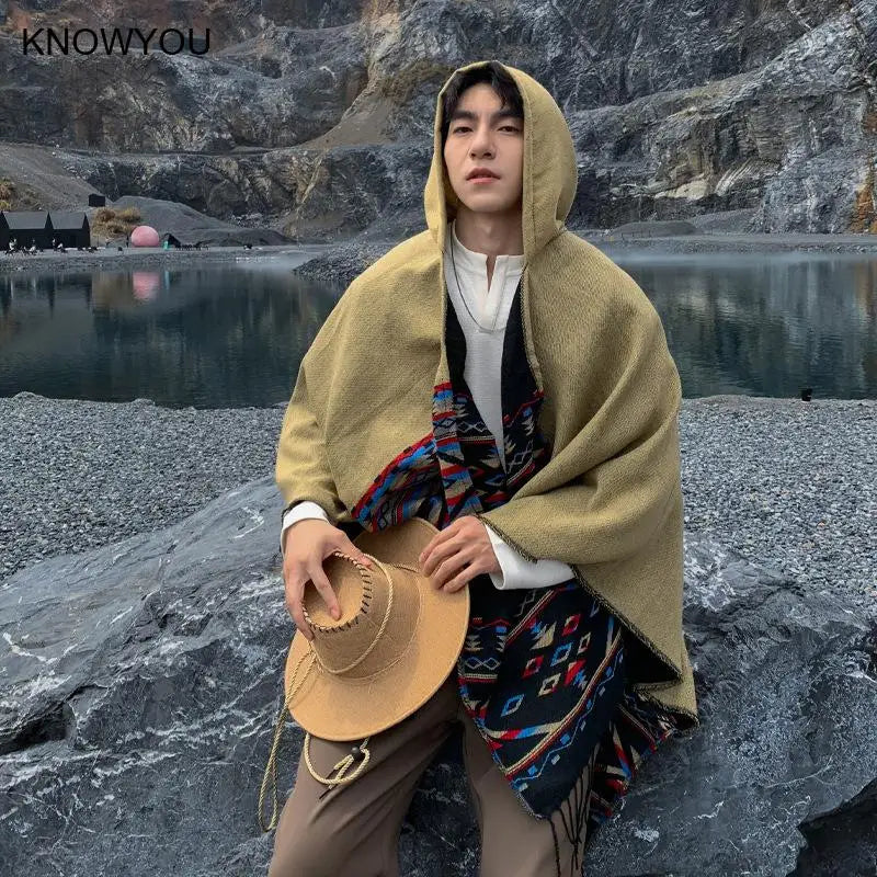 M&T Wear - Winter New Bohemian Shawl Men Ponchos Cashmere Blend Cape Coat Fringe Poncho Vintage Tassel Scarf Hooded Wraps Outwear