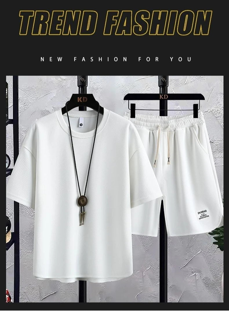 M&T Wear - Men's New Summer Suit 2025 Korean Casual T-shirt + Shorts Suit Men's Tracksuit Solid Color Tracksuit Loose Suit Two-piece Set